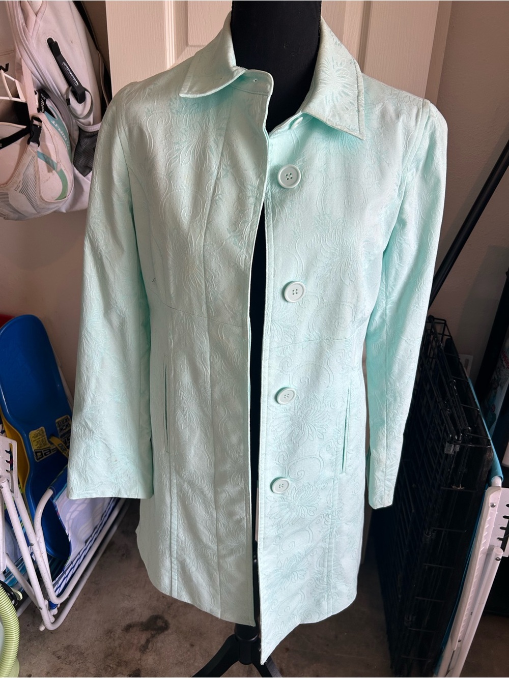 Loft Women Classic Mint Embossed Coat Lightweight Button Front Size Small (2)